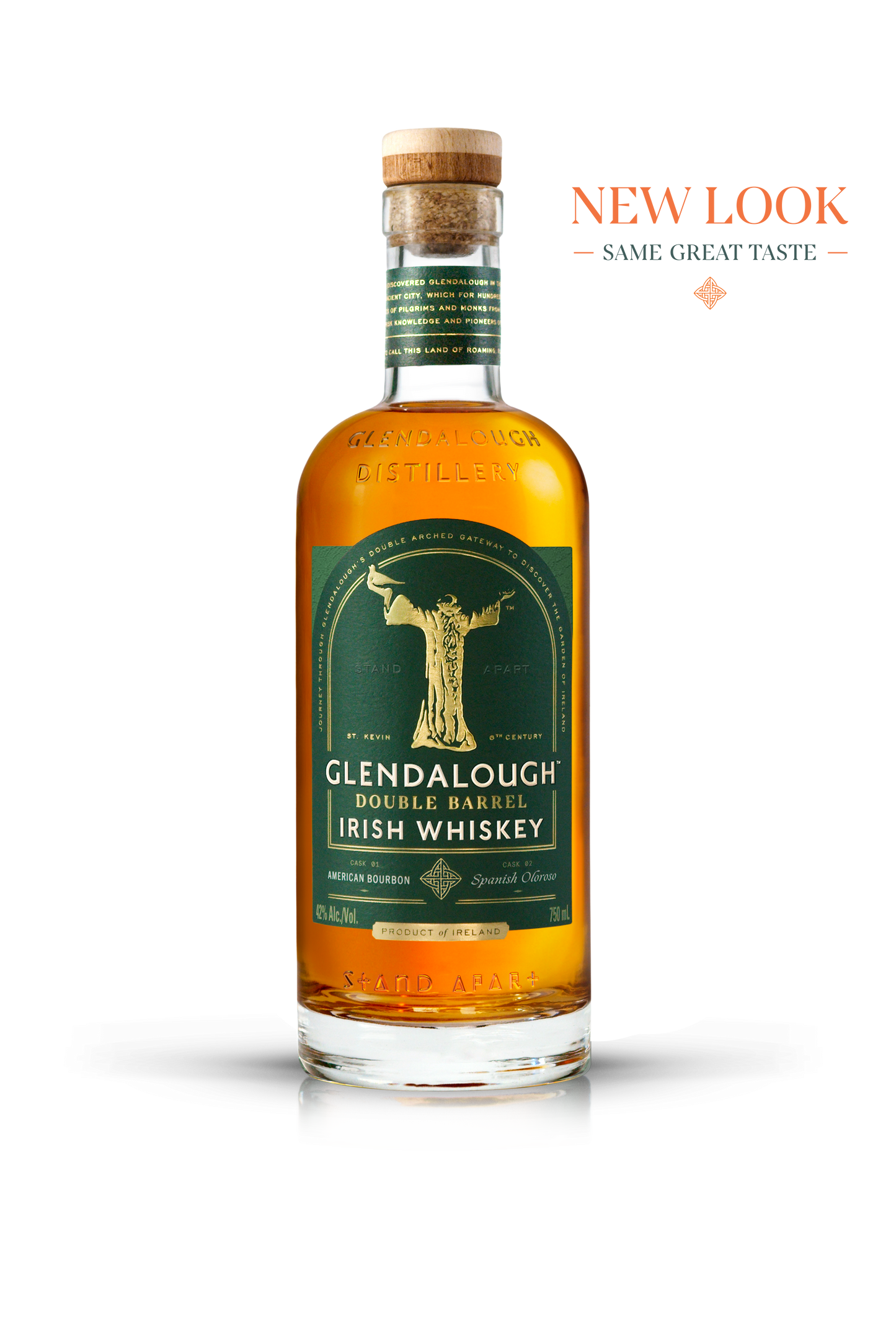 A bottle of Glendalough Double Barrel Irish Whiskey with "New Look" text.