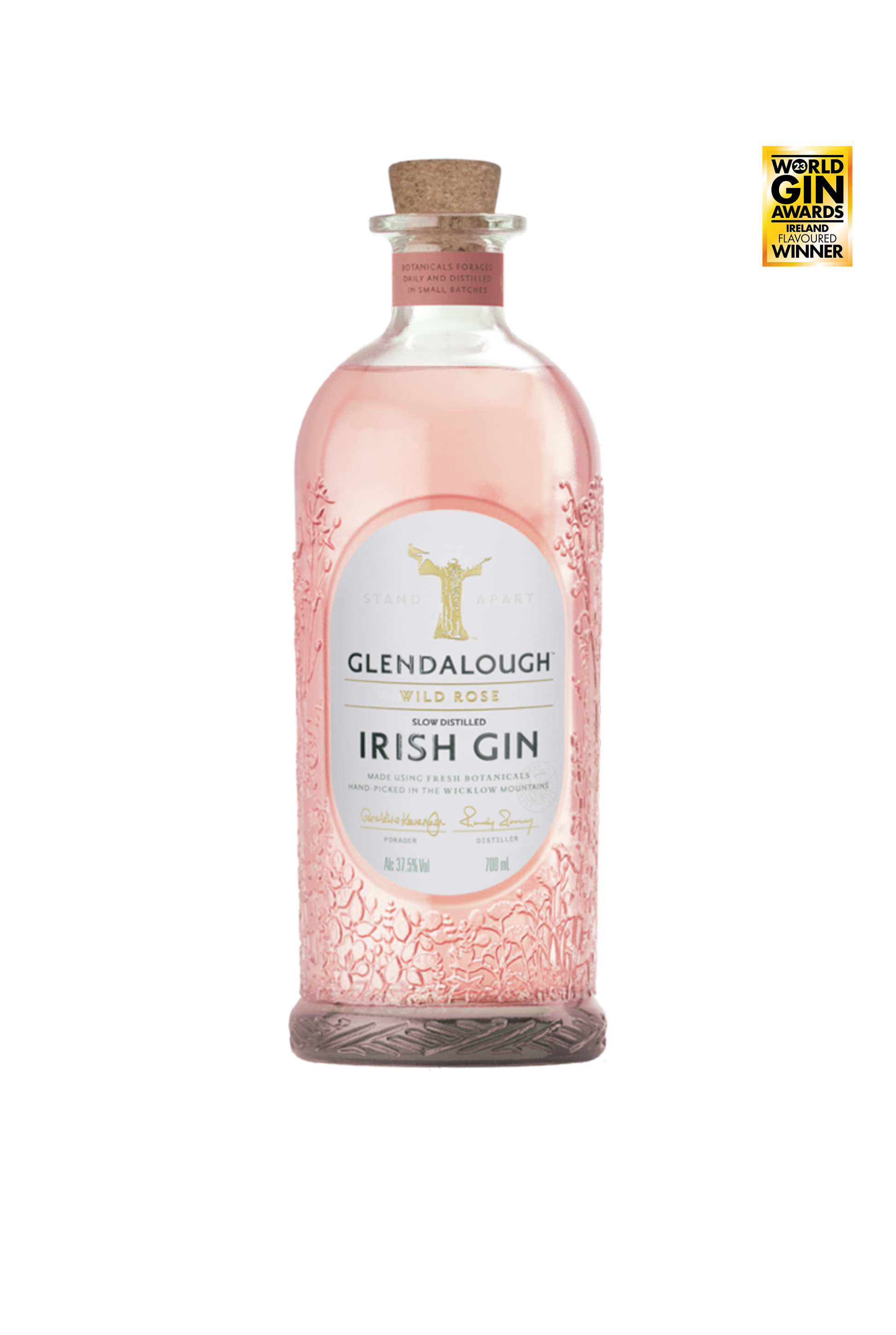 A bottle of pink Glendalough Wild Rose Irish Gin with a cork stopper, featuring embossed floral patterns and a World Gin Awards winner seal on the side.